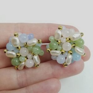 Vintage Blue Green And Cream Beaded Clused Stud Earrings, Pastel Colors, Estate